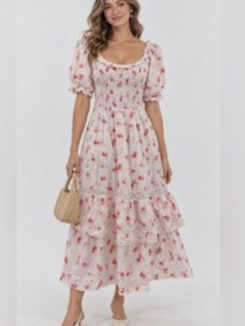 LoveShackFancy White Midi Dress with Pink Floral Print